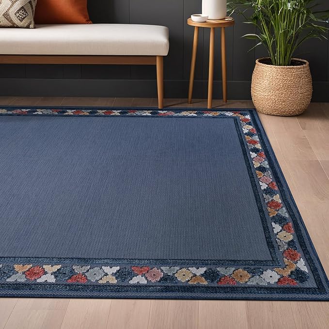 Beverly Rug Outdoor Rug 6x9 Modern Bordered Area Rugs for Indoor and Outdoor Patio Easy to Clean Non Shedding Living Room Porch Garden Washable Outside Carpet (6 x 9 Blue)-Ruum Studio Home