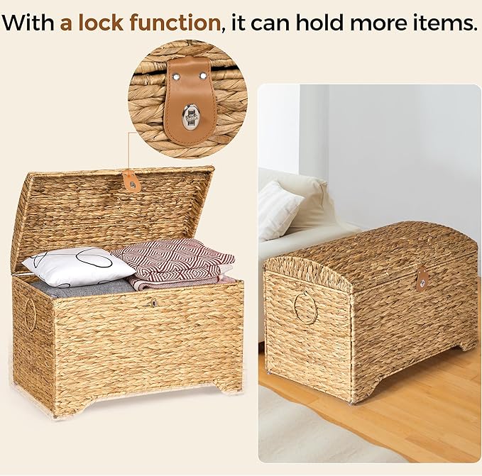 Handwoven Storage Basket with Lid, 178L Wicker Storage Bin, Natural Water Hyacinth, Leather Buckle & Metal Frame, Metal Ring Handles for Easy Transport, Storage Chest & Trunk for Bedroom, Living Room-Ruum Studio Home