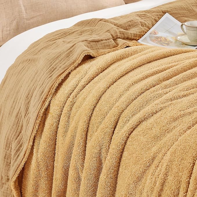 EMME Muslin and Fleece Throw Blanket Reversible - 50"*60" Beige Soft Warm Throw Blankets for Couch Bed Picnic Travel Bed-Ruum Studio Home