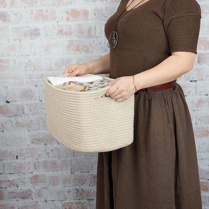 Rope storage Basket Bins Woven Basket for Organizing Shelves Rectangle Decorative Baskets For storage Clothes Toys Books Towels Square Wicker Nursery basket organizer 3 pack Oatmeal-Ruum Studio Home