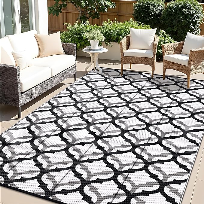 OLANLY Reversible Outdoor Rug 6x9 ft Clearance, Waterproof Outdoor Plastic Straw Rug with Interlacing Pattern, RV Mat for Patio, Camping, Balcony, Deck, Backyard, Black & White-Ruum Studio Home