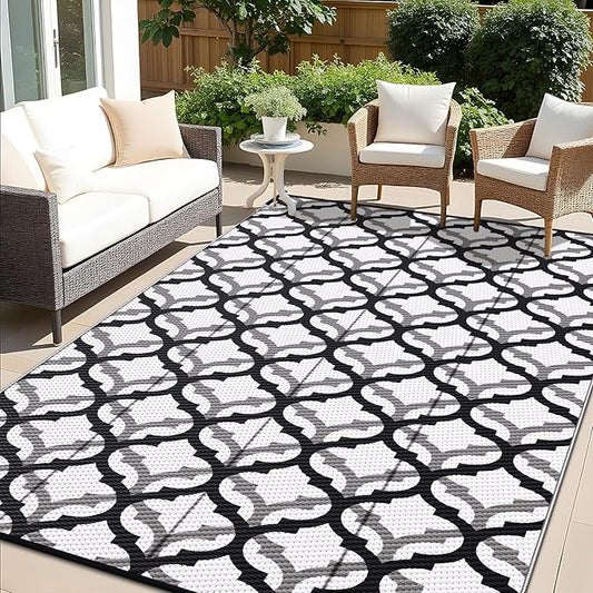 OLANLY Reversible Outdoor Rug 9x12 ft Clearance, Waterproof Outdoor Plastic Straw Rug with Interlacing Pattern, RV Mat for Patio, Camping, Balcony, Deck, Backyard, Black & White-Ruum Studio Home