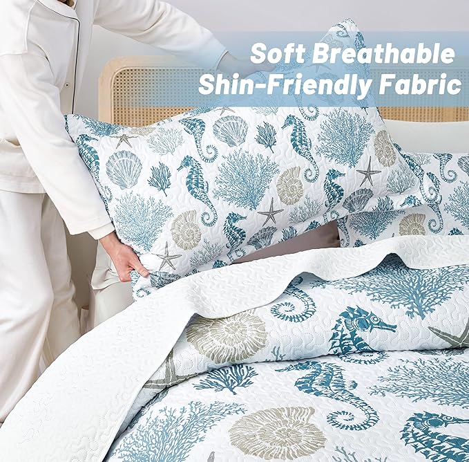 Coastal Bedding Queen Size Coastal Quilt with 2 Shams, Nautical Beach Comforter Sets Ocean Bedspreads Blue Seahorse Coverlet Summer Bedding, 90''x96''-Ruum Studio Home