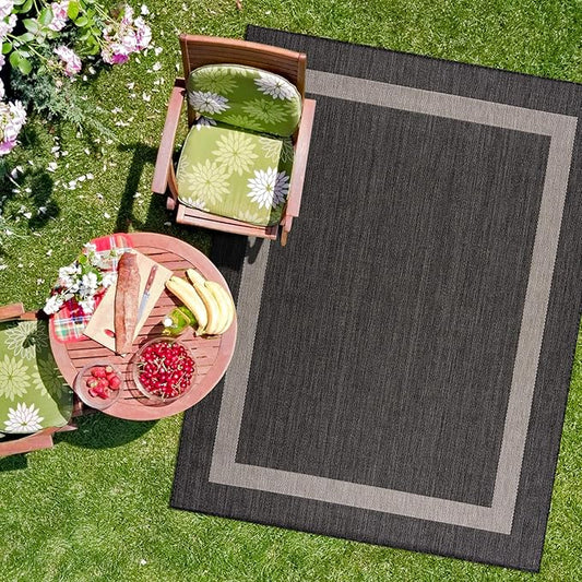 CAMILSON Outdoor Rug 8x10,Modern Outside Rugs for Patios Porches Waterproof Durable Washable Non-Shedding, Easy-to-Clean Indoor Outdoor Area Carpet (8 x 10, Bordered - Dark Gray/Light Gray)-Ruum Studio Home