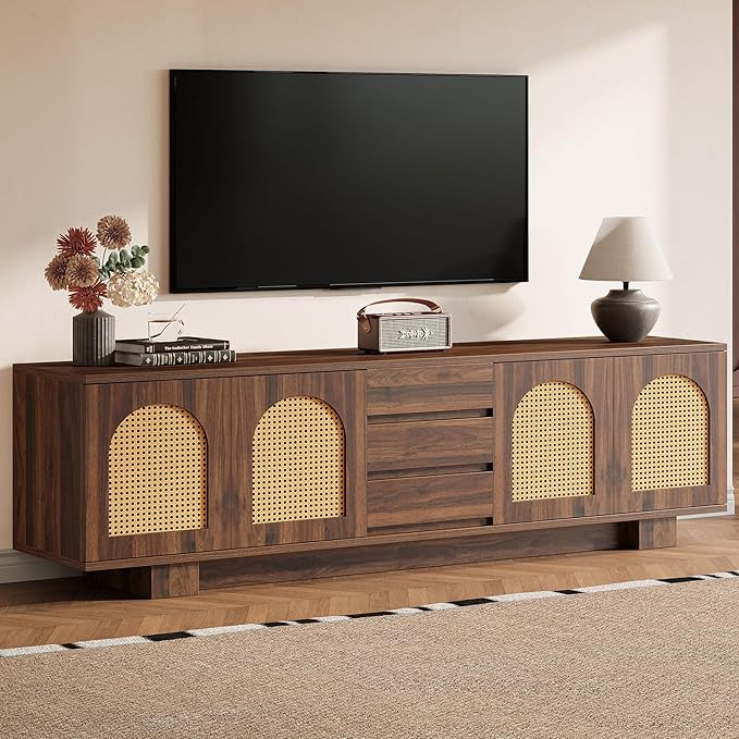 Tribesigns 70.9" TV Stand for TVs up to 80 Inches, Mid-Century Modern Entertainment Center with Storage and Drawers, Rattan Media Console TV Cabinet for Living Room, Bedroom, Walnut-Ruum Studio Home