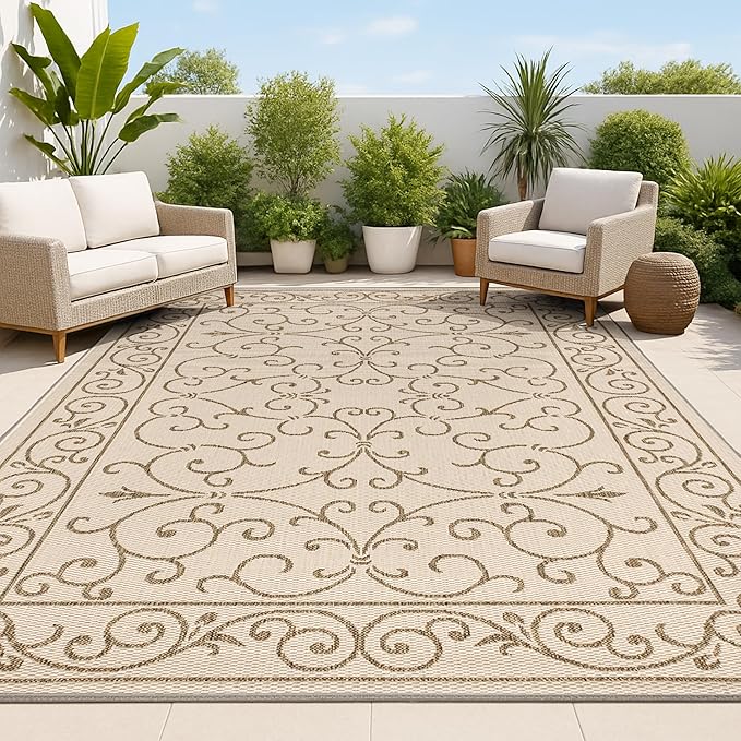 JONATHAN Y Vintage Filigree Indoor Outdoor Area Rug 9X12 Beige/Brown, Charleston Textured Weave for Backyard, Patio, Porch, Easy-Cleaning, High Traffic, Pet-Friendly, Non-Shedding (SMB106A-9)-Ruum Studio Home