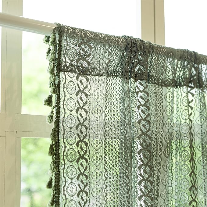 Sutuo Home Olive Green Boho Valance Curtains Crochet Lace Sheer Bohemian Hollow Knitted with Tassels, Privacy Vintage French Retro Farmhouse Tier for Kitchen Bedroom, Rod Pocket 1 Panel 59" W x 24" L-Ruum Studio Home