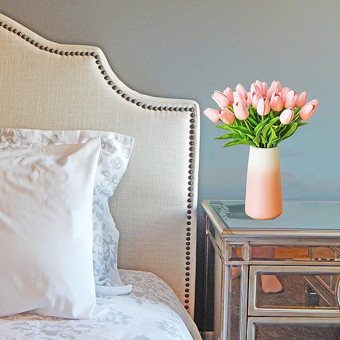 Mandy's Artificial Tulips 28 Stems Light Pink with Gradient Pink Vase PU Faux Flowers for Wedding Home Decor 13.5 Inch-Ruum Studio Home
