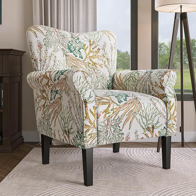 BELLEZE Modern Accent Chair for Living Room, High Back Linen Armchair with Wooden Legs, Upholstered Wingback Side Chair Padded Armrest Single Sofa for Living Room, Bedroom - Allston (Green Coral)-Ruum Studio Home