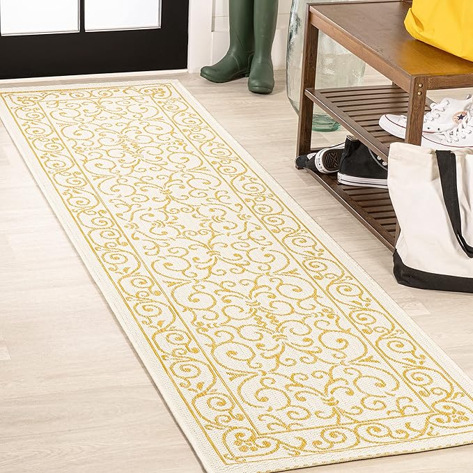 JONATHAN Y Vintage Filigree Indoor Outdoor Runner Rug 2X8 Cream/Yellow, Charleston Textured Weave for Backyard, Patio, Porch, Easy-Cleaning, High Traffic, Pet-Friendly, Non-Shedding (SMB106M-28)-Ruum Studio Home