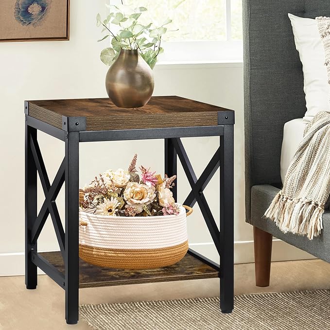 End Table Large Side Table for Living Room, Rustic Farmhouse End Tables with 2-Tier Storage, Square Nightstand Bedside Table X-Design Metal Frame, Brown (Wind, Brown)-Ruum Studio Home