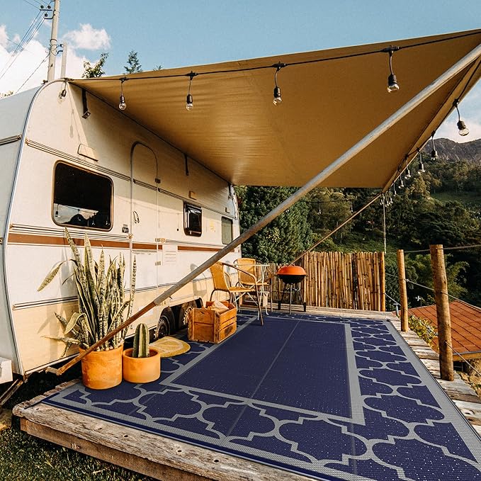 GENIMO 9 ' x 18 ' Outdoor Rug Waterproof for Patio Decor, Foldable Reversible Plastic Straw Area Rugs Mat for Camper, Outside Carpet for Rv, Deck, Porch, Picnic, Beach, Balcony, Blue & Grey-Ruum Studio Home