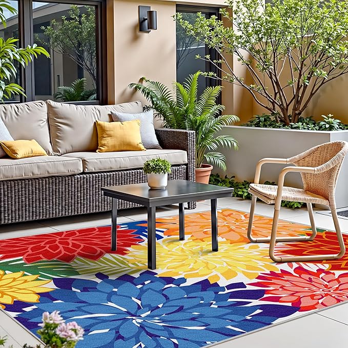 Indoor Outdoor Area Rug 8x10 Patio Washable Multicolored Patio Rug Tropical Botanical Modern Floral Indoor Outdoor Carpet Non-Slip for RV, Pool Deck, Backyard, Porch-Ruum Studio Home