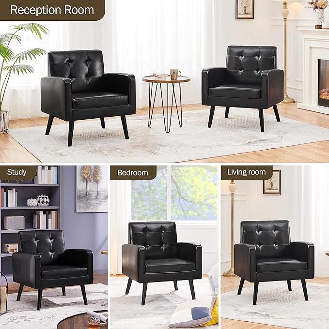 Yaheetech Mid-Century Accent Chairs, PU Leather Modern Upholstered Living Room Chair, Cozy Armchair Button Tufted Back and Wood Legs for Bedroom/Office/Cafe Black-Ruum Studio Home
