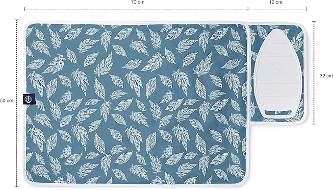 Encasa XO Ironing Mat/Pad (Small 28"x20") with 3mm Padding & Silicone Iron Rest for Steam Pressing on Tabletop or Bed - Heat Resistant, Portable, Quilting & Travel Blanket - Big Leaves Blue-Ruum Studio Home