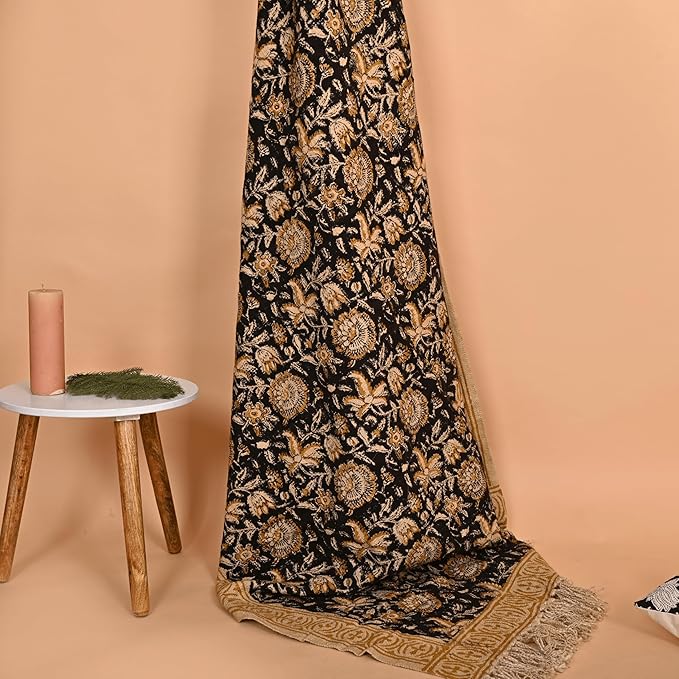 Bohemian Floral Cotton Throw Blanket with Tassels | 48x70 Inch Handblock Printed Sofa Throw | Black & Gold Decorative Bed Cover | Lightweight Couch Throw for Living Room & Bedroom-Ruum Studio Home