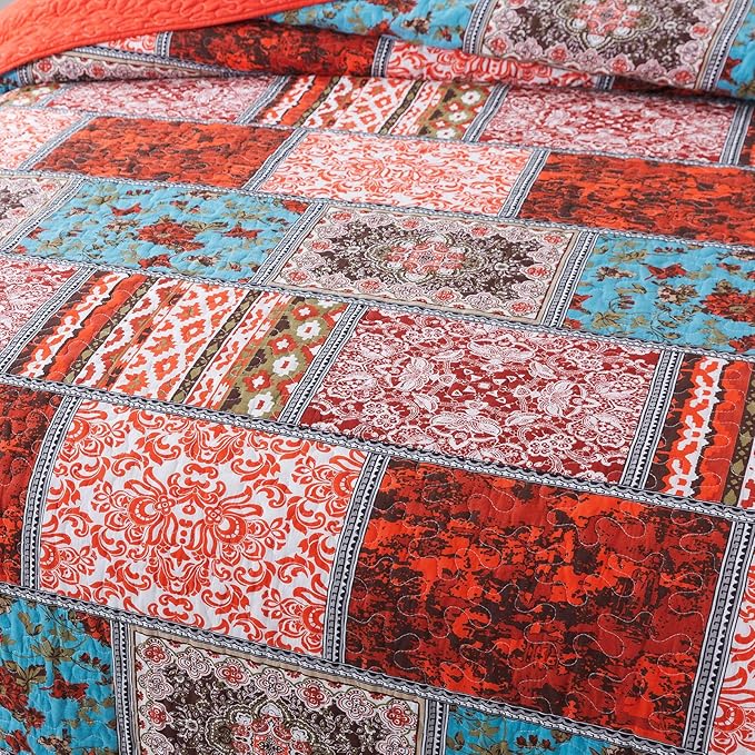 NEWLAKE Cotton Bedspread Quilt Sets-Reversible Patchwork Coverlet Set, Mediterranean Classic Bohemian Pattern,Queen Size-Ruum Studio Home