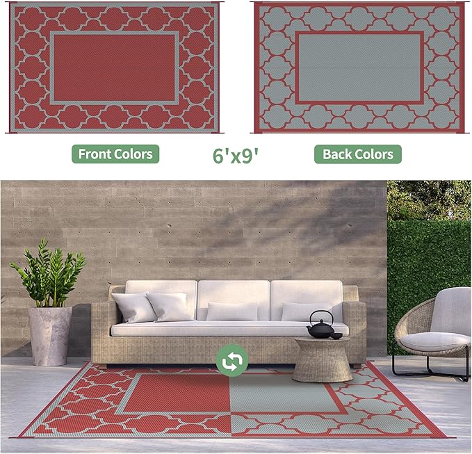 GENIMO 6' x 9' Outdoor Rug Waterproof for Patio Decor, Foldable Reversible Plastic Straw Area Rugs Mat for Camper, Outside Carpet for Rv, Deck, Porch, Picnic, Beach, Balcony, Red & Grey-Ruum Studio Home