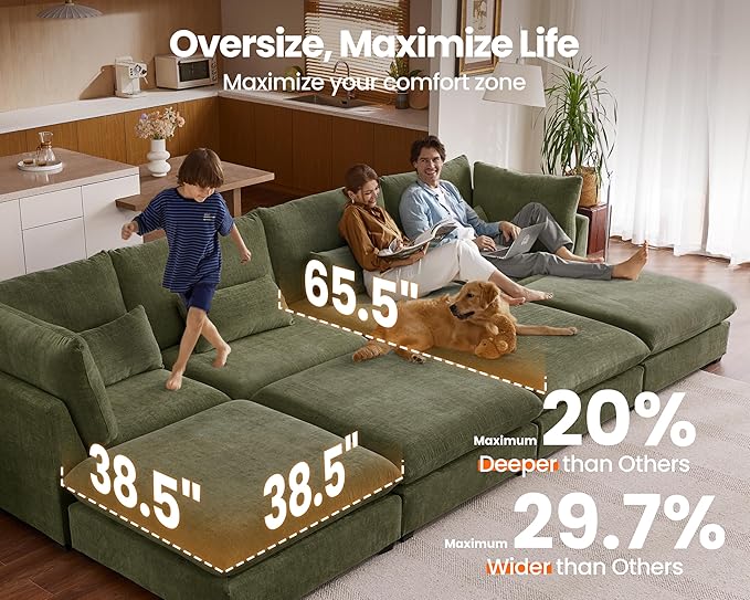 Oversized Modular Sofa, Extra Deep Cloud Chenille Sectional Couch with Ottoman Chaise, Fluffy Chenille 2 Seater Sofa Bed for Living Room, Villa (Loveseat Sofa, Chenille Green)-Ruum Studio Home