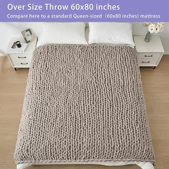 Bigacogo Chunky Knit Throw Blanket for Couch, 60x80 inches, 100% Hand Knitted with Thick Jumbo Chenille Yarn, Cozy Soft Large Rope Knot Cable Crochet Blankets for Sofa Bed Living Room, Taupe-Ruum Studio Home