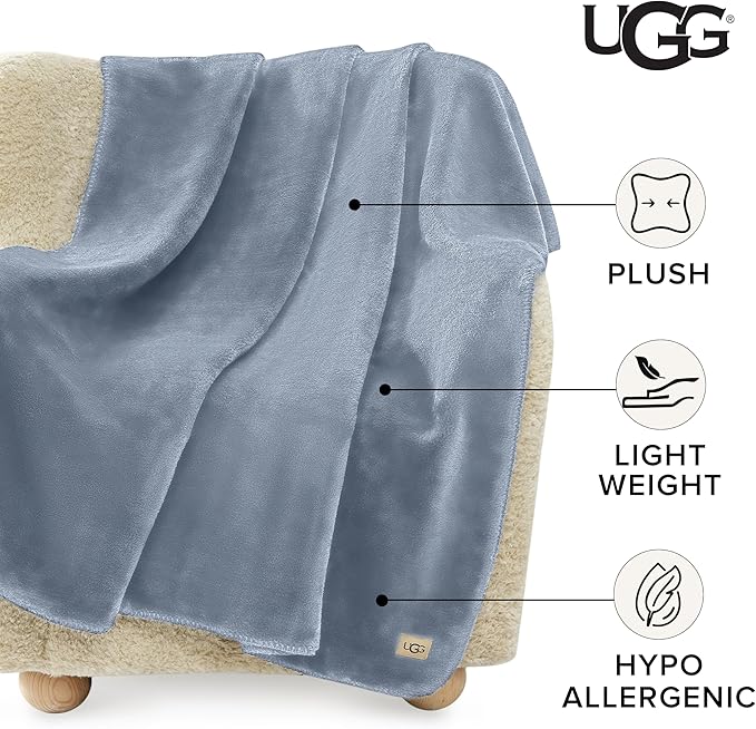 UGG Whitecap Plush Throw Blanket Fleece Lightweight Soft Cozy Throw for Couch or Bed Luxury Home Decor for Living Room Washable Hypoallergenic Blankets for Dorm Decor, 50-inch x 70-inch, Denim Blue-Ruum Studio Home