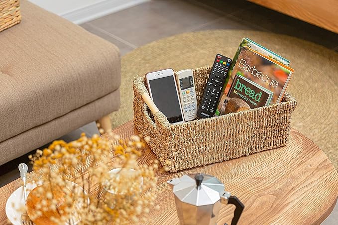 Natural Seagrass Storage Basket with Handle, Rectangular Woven Organizer Bin for Living Room or Shelf, Decorative Storage Basket, Medium Size 13.4 x 9.3 x 4.9 Inches-Ruum Studio Home