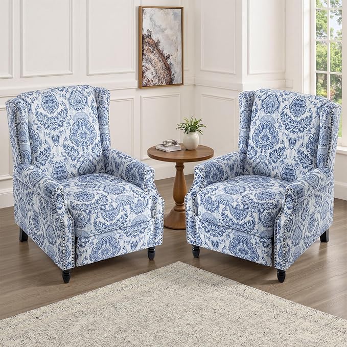UIXE Floral Pushback Recliner Chairs Set of 2, Fabric Upholstered Armchair Push Back Accent Chair for Living Room, Rivet Trim Club Chair Home Theater Single Sofa Reading Seat - Navy Blue-Ruum Studio Home