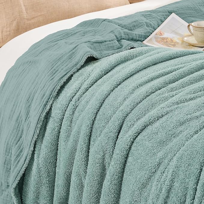 EMME Muslin and Fleece Twin Blanket Reversible - 60"*80" Teal Soft Warm Throw Blankets for Couch Bed Picnic Travel Bed-Ruum Studio Home