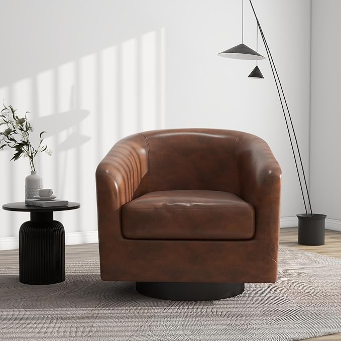 Swivel Barrel Accent Chair, Modern Round Faux Leather Arm Chair for Living Room, Bedroom, Comfy Club Reading Chairs for Adults(Faux Leather, Coffee, Set of 1)-Ruum Studio Home