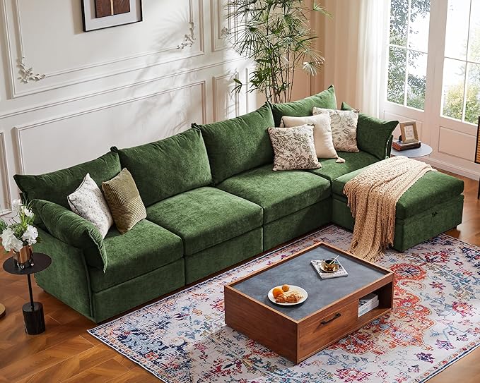 Oversized Loveseat Sofa, Modern Modular Sectional Couch Green Fluffy Chenille Mid Century 2-Seat 24.5" Deep Seat for Apartment, Living Room, Bedroom-Ruum Studio Home