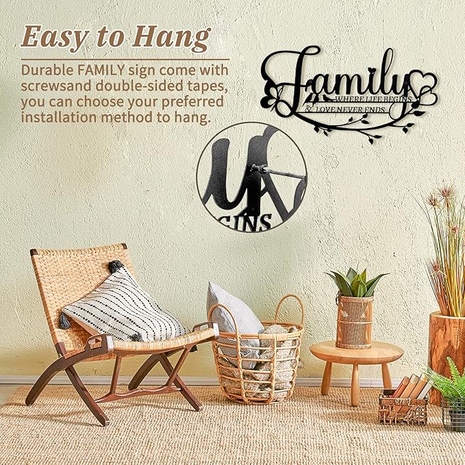 Family Sign Black Metal Wall Art Decor, Oppro Family Where Life Begins Love Never Ends Wrought Iron Wall Decorations, Hanging Plaque Letters Signs Home Decor for Living Room Bedroom Dining Room Kitchen Mother's Day Father's Day-Ruum Studio Home