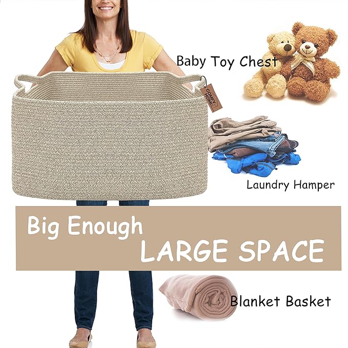 COMFY-HOMI Large Rectangular Blanket Basket, Woven Cotton Rope Baskets for Storage, Laundry Hamper Basket, Storage Bin,Toy Organizing Bin with Handle, Organization and Storage-22x15x12”-Brown-Ruum Studio Home