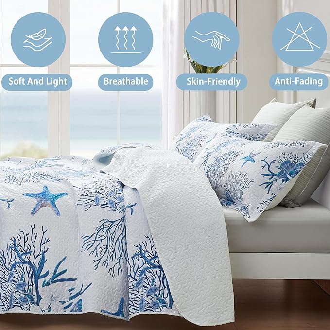 Coastal Bedding King Size Coastal Quilt with 2 Shams, Nautical Beach Comforter Sets Ocean Bedspreads Blue Starfish Coverlet Summer Bedding, 96''x106''-Ruum Studio Home
