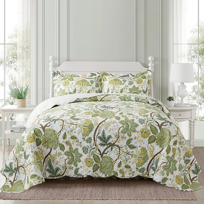 NEWLAKE Cotton Bedspread Quilt Sets - Reversible Patchwork Coverlet Set, Floral Vine Pattern, Queen Size-Ruum Studio Home