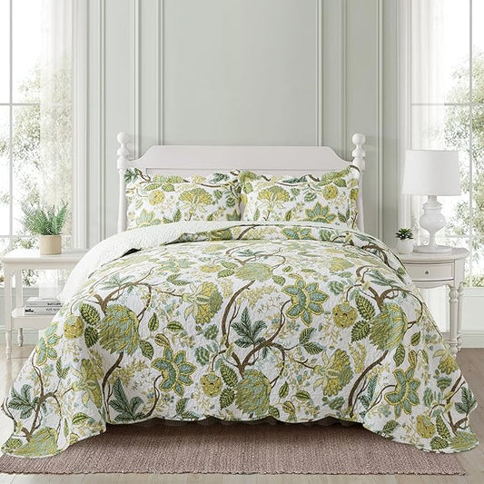 NEWLAKE Cotton Bedspread Quilt Sets - Reversible Patchwork Coverlet Set, Floral Vine Pattern, King Size-Ruum Studio Home