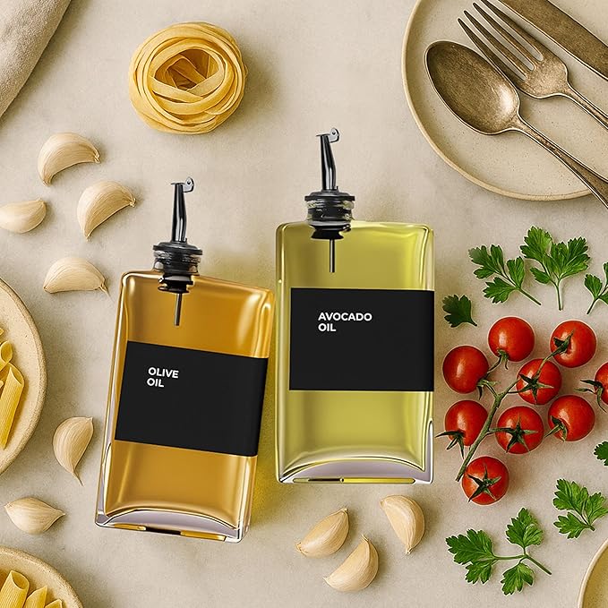 Olive Oil Dispenser Bottle - Includes 44 Kitchen Essential Labels - Cooking Oil Bottles for Kitchen, Coffee Syrup Dispenser - Pourer Spout with 11.8 fl oz Glass Container Cruet - 2pcs, Black-Ruum Studio Home