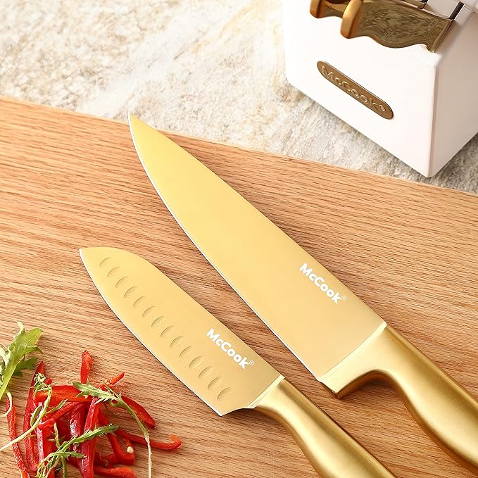 McCook® Kitchen Knife Sets, Golden Titanium Stainless Steel Knives Block Set with Built-in Sharpener-Ruum Studio Home