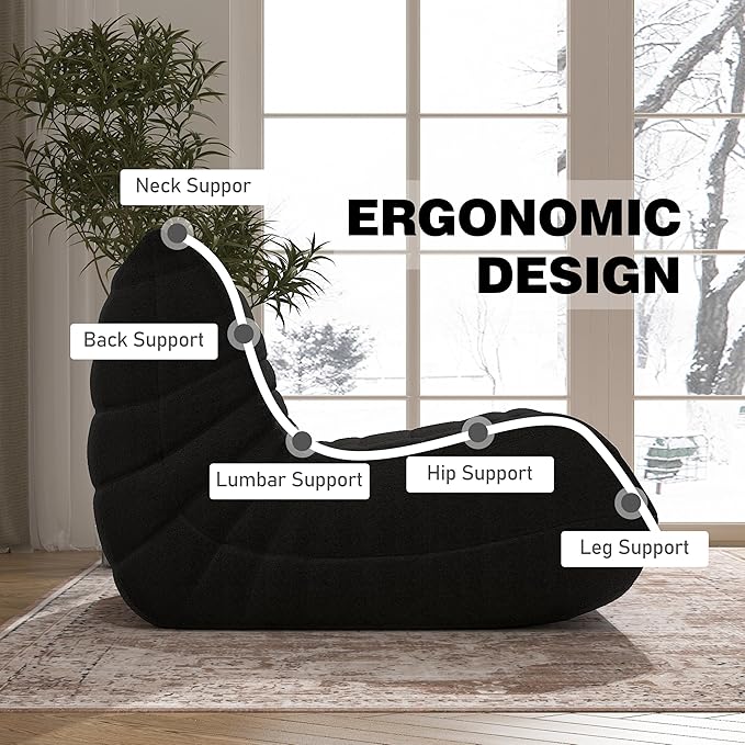 Bean Bag Chair, Memory Foam Bean Bag Sofa Large Bean Bag Chair for Adults, Bean Bag Chairs for Teens with High Density Comfortable Foam, Bean Bag for Living Room, Bedroom (Black)-Ruum Studio Home