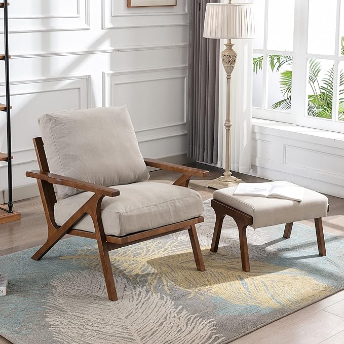 chairus 2 Sets Mid-Century Modern Accent Chairs with Ottoman, Linen Fabric Armchair with Wood Legs Comfy Upholstered Single Sofa Chair for Living Room/Bedroom/Lounge, Beige-Ruum Studio Home
