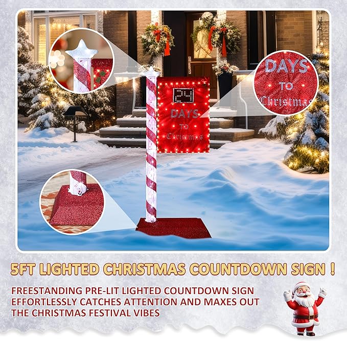 5FT Lighted Christmas Countdown Sign, Remote Control Available Within 0-60 Days, Holiday Countdown Sign Decor with 125 LED Lights, Freestanding Glittered Holiday Display for Outdoor, Indoor-Ruum Studio Home