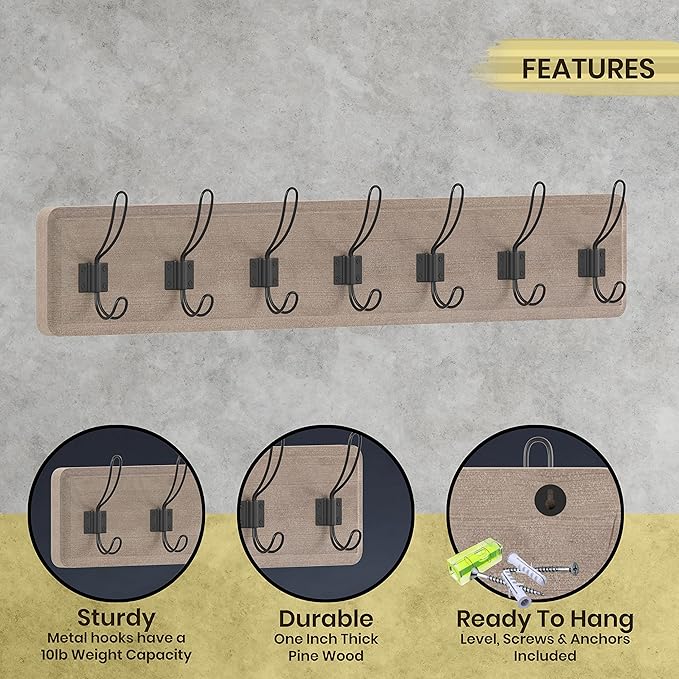 HBCY Creations Weathered Solid Wood Wall Mounted Coat Rack with Shelf, 7 Hooks, 34" Long - Kitchen, Mudroom, Entryway, Bathroom - Includes Mounting Hardware, Coat Hanger, Dog Leash Hooks, Towel Rack-Ruum Studio Home