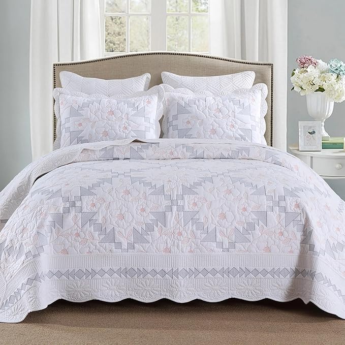 MarCielo 3-Piece 100% Cotton Oversized Bedspread Lightweight Quilt Coverlet Embroidery Farmhouse Bedding Set (TC Colorful White, Oversized King (118"x106"))-Ruum Studio Home