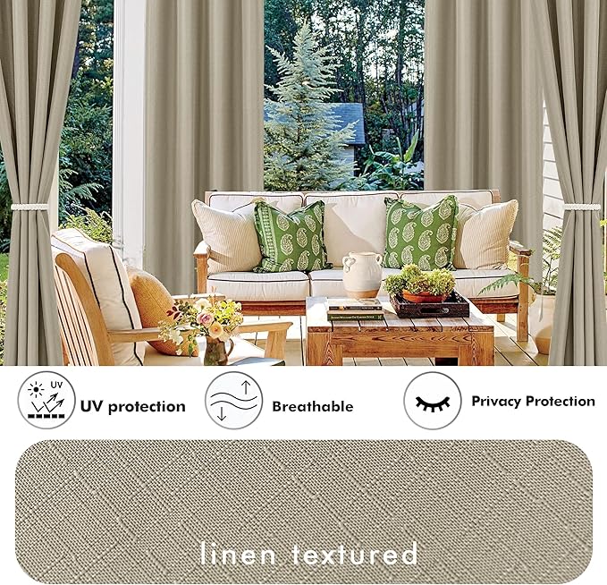HolidayIdeas 4 Panels Linen Outdoor Curtains for Patio Waterproof Taupe Outside Curtains 110"x95"-Gazebo Wide Curtains Weighted Weatherproof, Privacy for Pergola, Porch, Cabana, Deck, Sunroom-Ruum Studio Home