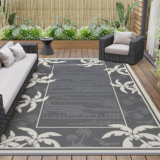 COCOER Outdoor-Rug 6x9 ft Waterproof Reversible Outdoor Plastic Straw Rug RV Indoor Outdoor Carpet Quick Dry Patio Rug Camping Mat for Balcony Backyard Picnic Beach-Grey&Beige-Ruum Studio Home