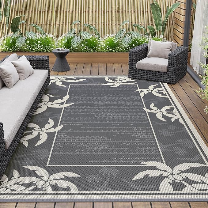 COCOER Outdoor-Rug 8x10 ft Waterproof Reversible Outdoor Plastic Straw Rug RV Indoor Outdoor Carpet Quick Dry Patio Rug Camping Mat for Balcony Backyard Picnic Beach-Grey&Beige-Ruum Studio Home