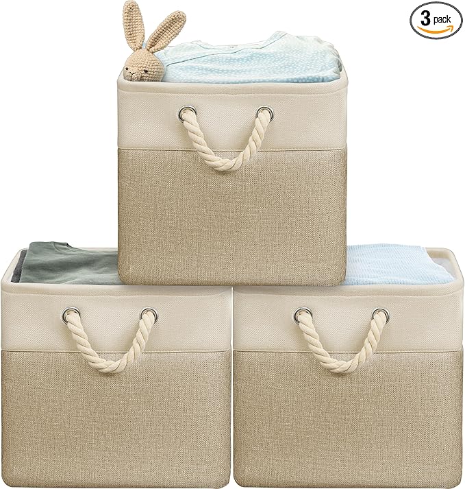 SIMPLE HOUSEWARE Fabric Storage Cubes, 13" x 13" Storage Bin, 3 Pack, Beige-Ruum Studio Home