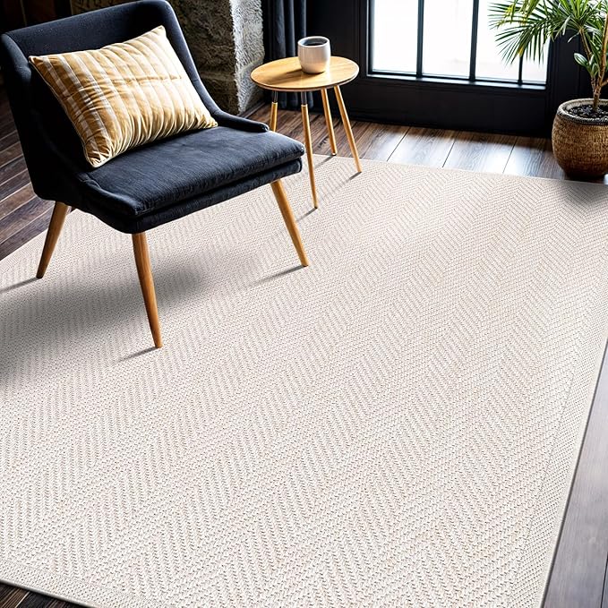CAMILSON Easy Jute Rug 6x9, Indoor Outdoor Off-White Color Fiber Area Rugs for Living Room Patio and Bedroom Rug Herringbone Seagrass Woven Design Easy-Cleaning, Washable Outside Carpet Alfombras 6x9-Ruum Studio Home
