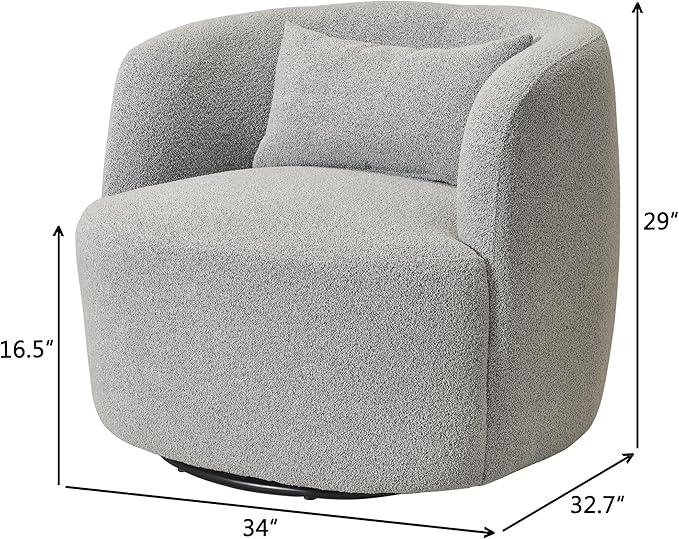 KINWELL 34" Wide Sherpa Swivel Barrel Chair, No Assembly Round Boucle Upholstered Accent Chair Armchair Single Sofa Chair with Toss Pillow for Living Room and Bedroom, Gray-Ruum Studio Home