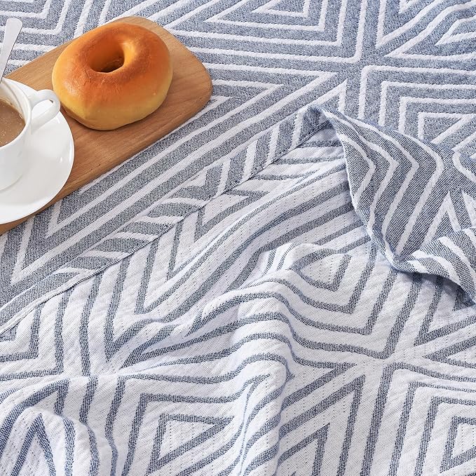 jinchan Boho 100% Cotton Blanket Muslin 50x60 Inches Lightweight 3-Layer Geometric Triangle Striped Pattern Reversible Quilt Throw Soft Breathable Comfy All Seasons for Couch Bed Decor, Blue-Ruum Studio Home