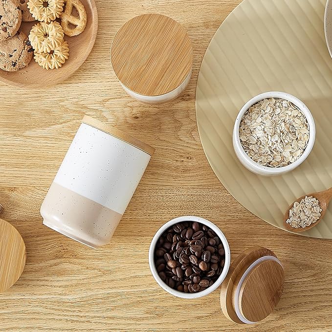 vancasso Sabine Ceramic Canister Set with Airtight Wood Lids - 4-Piece Small Kitchen Storage for Coffee, Sugar, Tea & Spices (18 oz Each) - Compact Countertop Jars-Ruum Studio Home